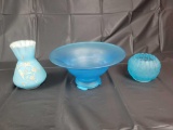 Blue satin moon/star rose bowl, floral vase 6 inches tall, bowl with base