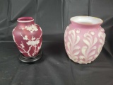 Pink and white Phoenix vase 6 inches tall and cranberry floral vase
