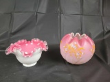 Pink overlay bowl and decorated peach blow rose bowl