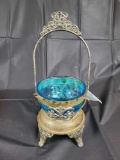 Blue sugar bowl with holder, 13 inches tall