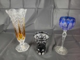 Bohemian glass, vases and stemware, tallest 10 inches