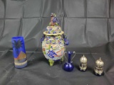 Czech vase, satsuma urn, salt and pepper shakers marked sterling