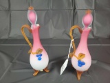 Pair of peach blow footed decanters with applied decor