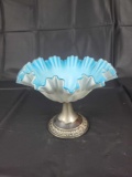 Satin glass blue and white compote with silverplate base, 6 inches tall