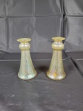 Pair of Loetz type candlesticks, not signed, 5 inched tall