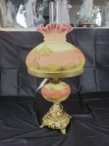 Handpainted Fenton lamp, damaged shade, loues piper artist, 21 inches tall