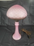 Pink satin basket weave style lamp, 17 inches tall