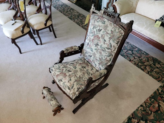 Victorian Style Carved Wood Rocker, Upholstered with Matching Stool