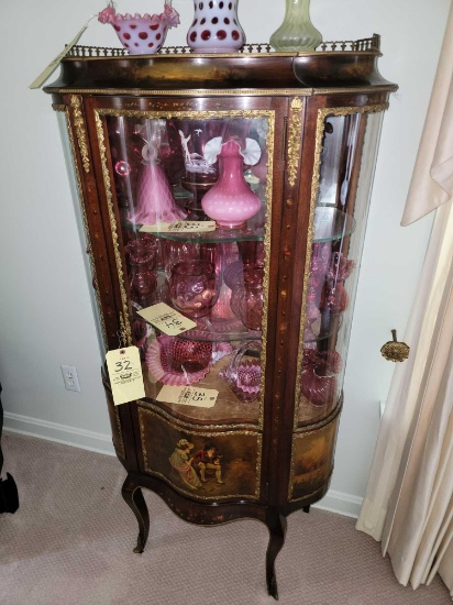 French Style Curved-Glass Lighted Curio Cabinet with Painted Scenes