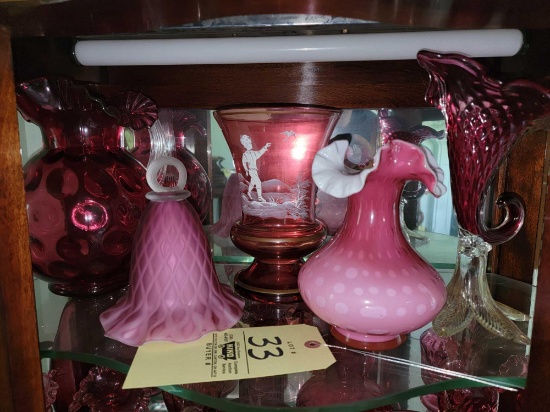 Assorted Pink Fenton Glass Vases and Bell