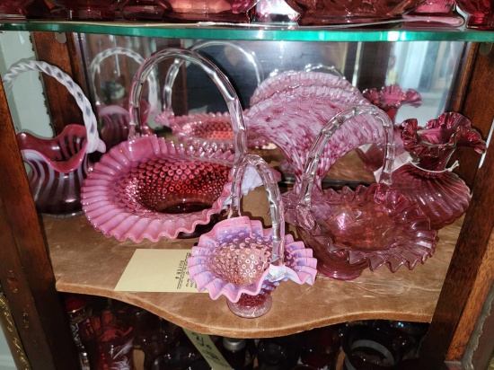 Assorted Pink Fenton Glass Baskets and Vases