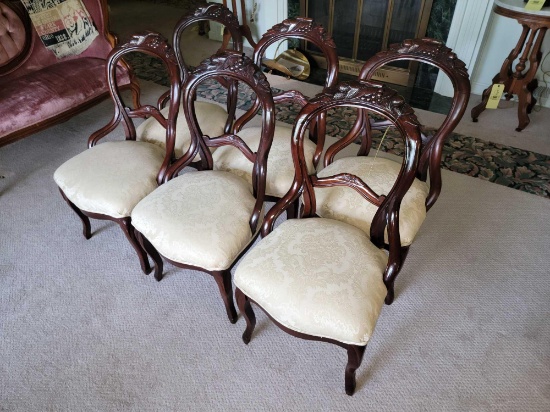 Set of 6 Victorian Style Carved Wood Upholstered Dining Chairs