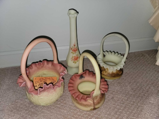 Fenton Hand-Painted Ruffled Baskets and Vase