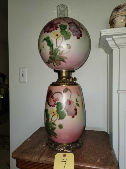 Antique Hand-Painted Floral Globe Lamp, Electrified