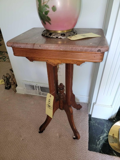 Victorian Style Marble-Top Carved Wood Side Stand