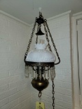 Electrified Hanging Oil Lamp with Milk Glass Shade and Prisms