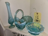 Blue Opalescent Fenton Glass Bowls and Vase