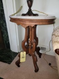 Victorian Style Marble-Top Carved Wood Side Stand