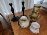 Mahogany Candlesticks, Scenic Vases, Damaged Porcelain