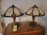 Pair of Slag Glass Lamps with Heavy Metal Bases