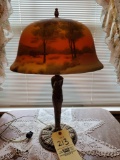 Reverse Painted Lamp with Heavy Metal Base