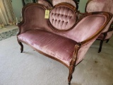 Victorian Style Carved Wood and Button Back Parlor Settee