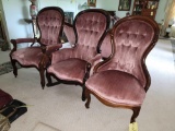 Set of 3 Victorian Style Carved Wood Button Back Parlor Chairs