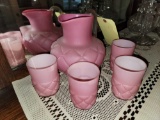 Pink Satin Glass Pitcher and Cup Set