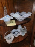 White Opalescent Fenton Coin Dot Baskets and Bowls