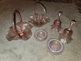 Pink Fenton Baskets, Bells, and Candle Holders