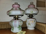 Pair of Floral Glass Shade Oil Lamps