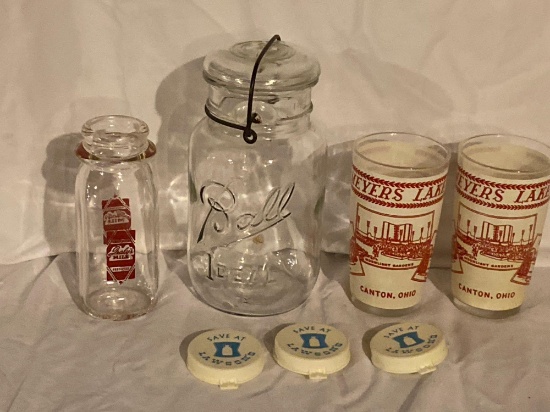 (2) Meyers Lake Moonlight Ballroom glasses, Isaly's bottle