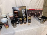 Harley Davidson oil can party lights, Revell model kit, Miller Draft coin banks, insulated cups.
