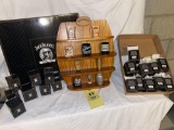 Jack Daniel's set of (18) shot glasses & oak display shelf.