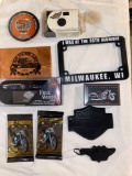 Harley Davidson souvenirs, trade cards, pen, 1998 Milwaukee camera, etc.