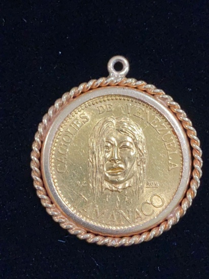 1857 Venezuela Tamanaco gold coin in bezel. Marked 900.