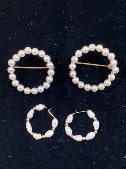 14K pearl pins & earrings, 15.1 grams.