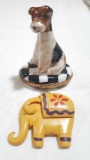 Limoges dog box and Bakelite elephant pin