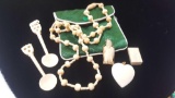 Old Chinese bone jewelry: beads, spoon and 14k gold mount charm