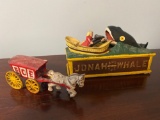 Repro cast iron Jonah & Whale coin bank, Ice wagon.