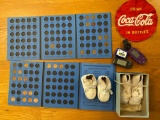 (2) Books w/ (27) Lincoln Memorial cents, Coca Cola patch, (2) pairs baby shoes, timers.