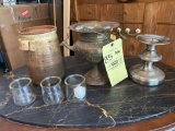 Pottery vase, brass urn, candle holder.