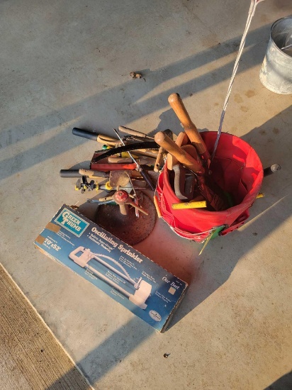 Sprinklers, bucket organizer, garden tools