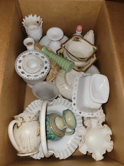 Box of milk glass, china and pitchers