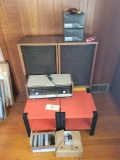 Norelco biampli stereo, sansui speakers, plastic stands and cds