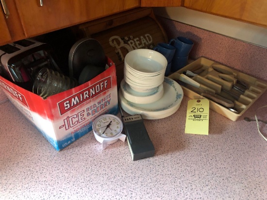 Bread box, dishes, flatware