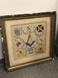 Framed Embroidered Masonic Symbols. Large Antique with Antique frame