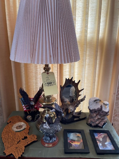 Brass lamp, bald eagle decor, clock, figurines