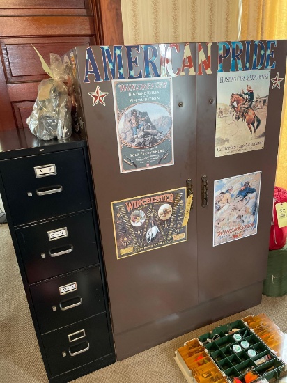 Metal wardrobe, filing cabinet, tin ammo signs