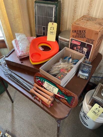 Camping related items, heater, lantern, hot dog sticks, misc.